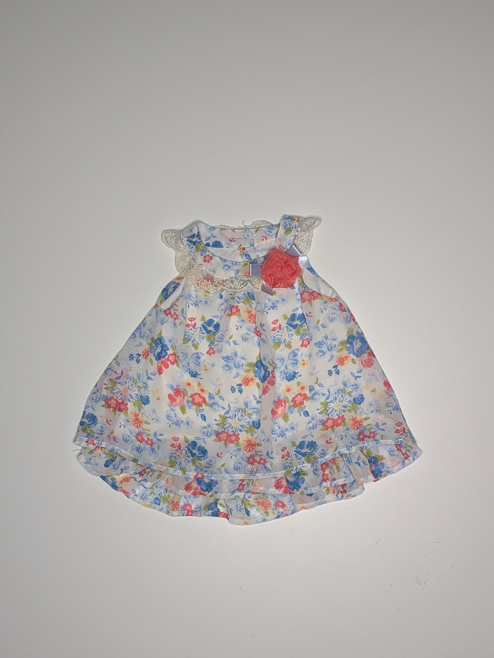 Nanette Baby Blue and Pink Floral Dress with Lace Collar and Red Flower
